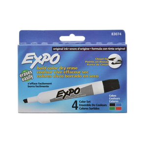 EXPO Dry Erase Low Odor Markers, Chisel Tip, Assorted Colors, 4 Markers/Pack